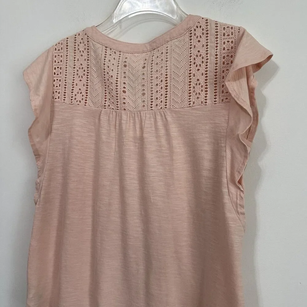 Style & Co Top XS Cap Flutter Sleeve Crushed‎ Petal Pink Popover Casual Lace NEW - Picture 8 of 11